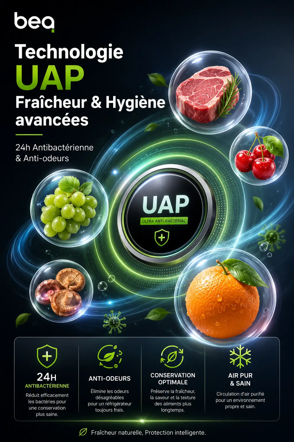 Réfrigérateur side by side équipé de la technologie UAP antibactérienne pour préserver la fraîcheur des aliments, éliminer les odeurs et assurer une conservation optimale.