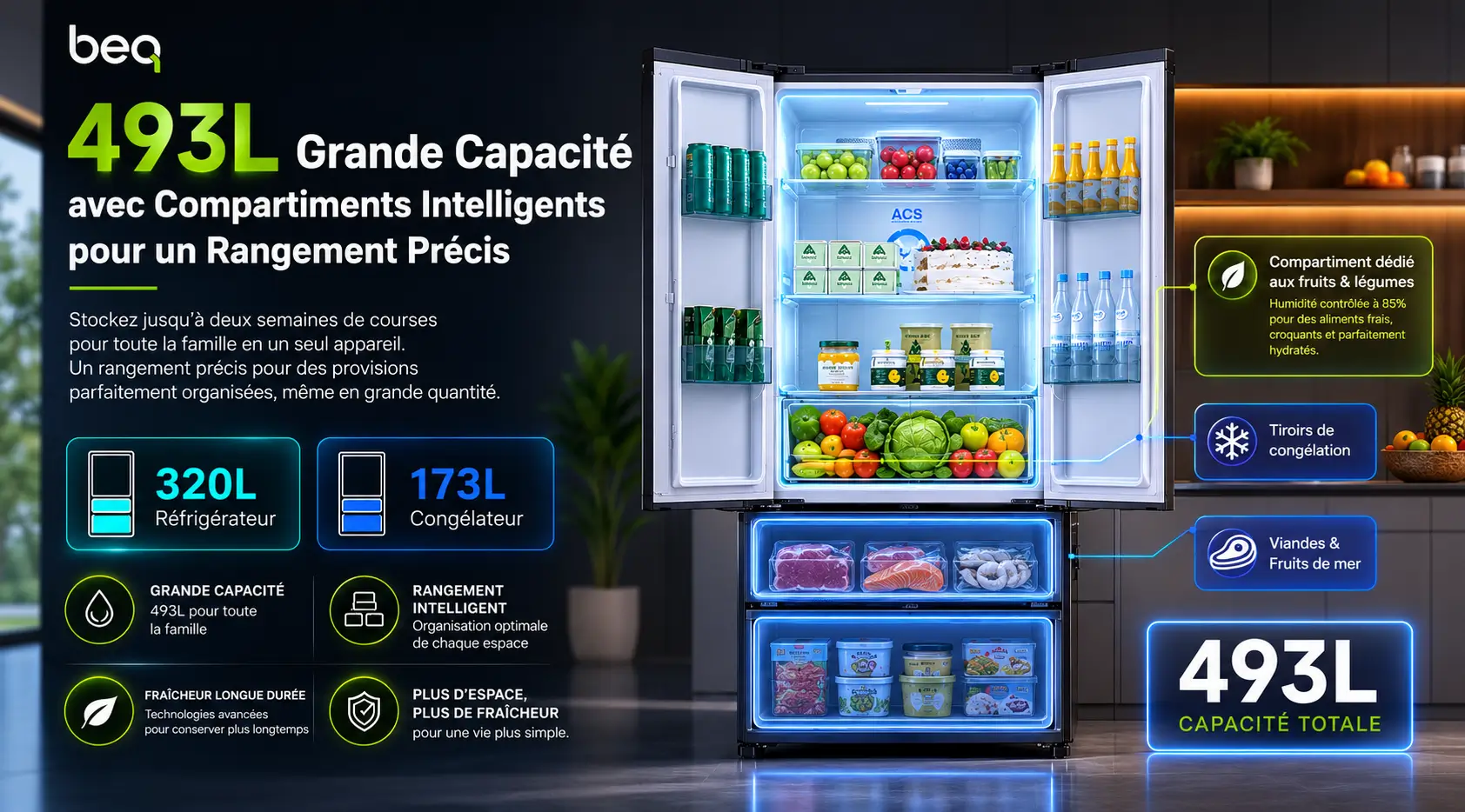Frigo 2 portes 2 tiroirs de 493 litres avec compartiments intelligents, espace réfrigérateur de 320L et congélateur tiroir de 173L pour un rangement optimisé.