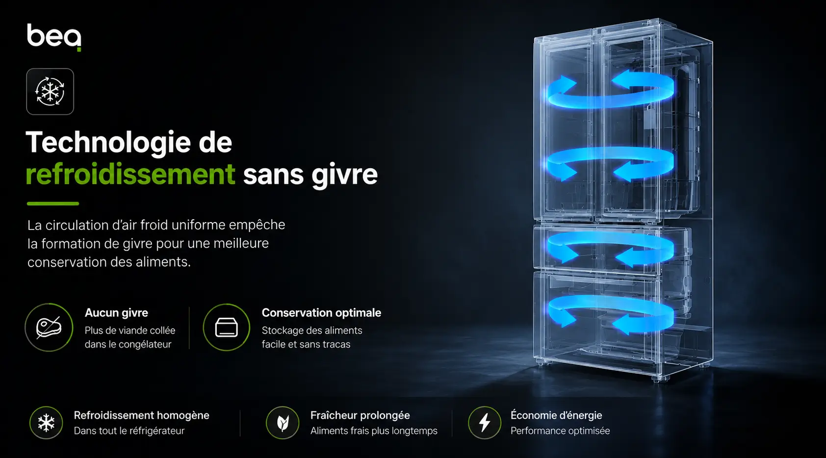 Réfrigérateur tiroir avec système de refroidissement sans givre assurant une circulation homogène de l'air froid et une conservation prolongée des aliments.